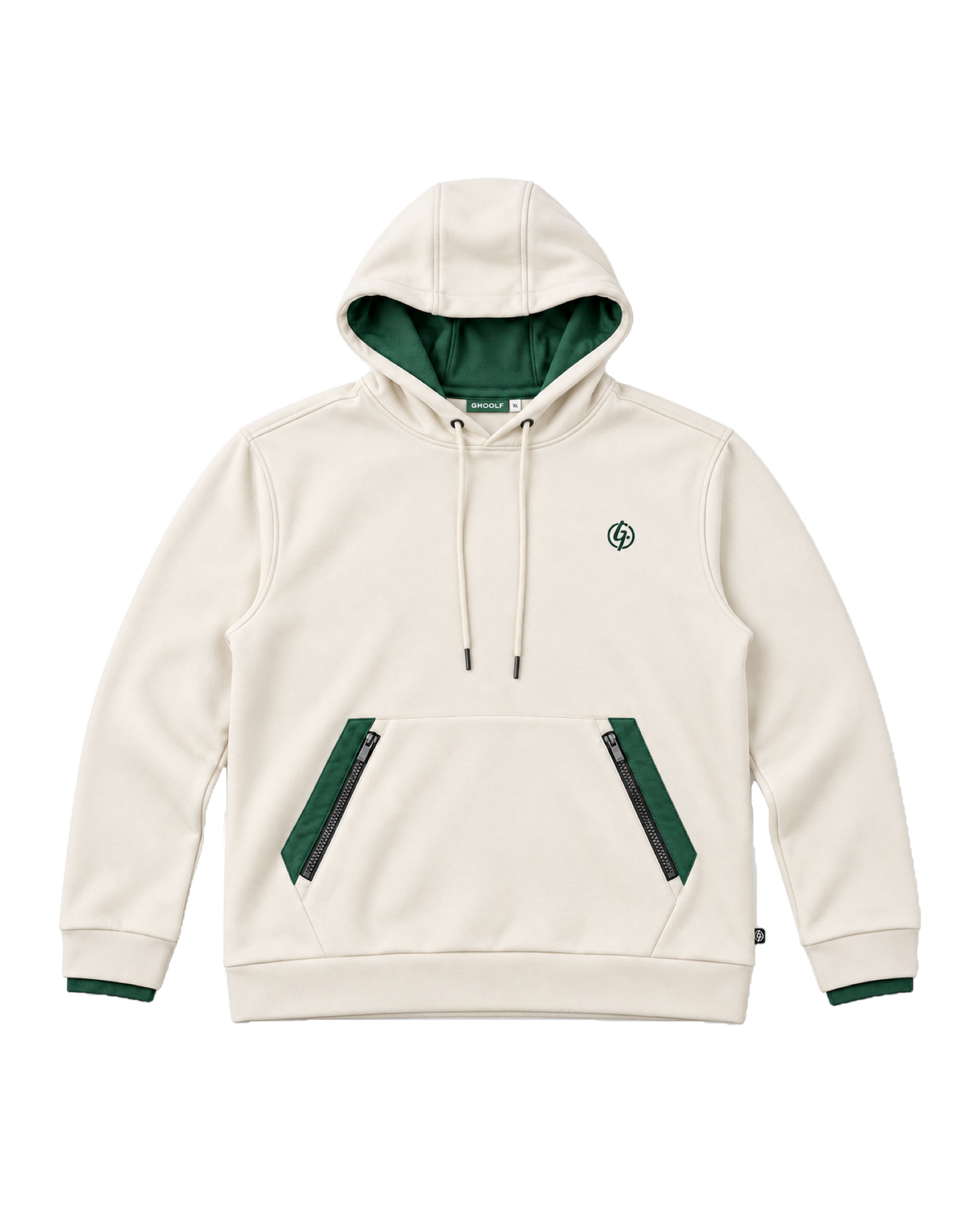 Ivory Ghoolf zip pocket hoodie, front, with forest green pocket panels and hood lining