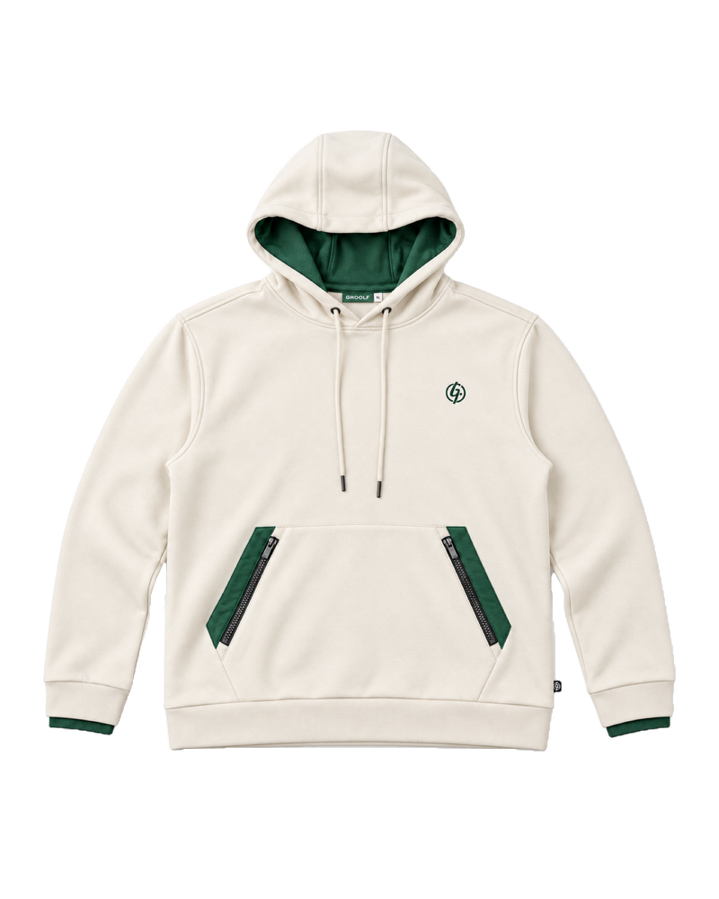 Ivory Ghoolf zip pocket hoodie, front, with forest green pocket panels and hood lining