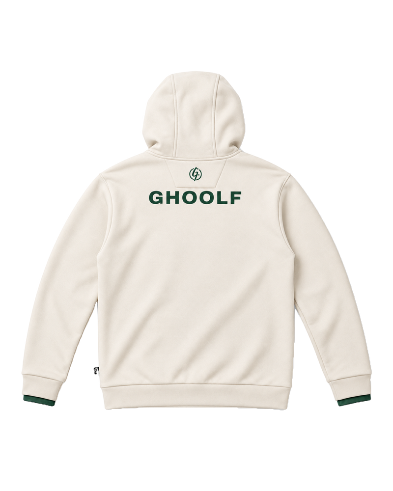 Ivory Ghoolf zip pocket hoodie, back, with forest green Ghoolf wordmark below the hood