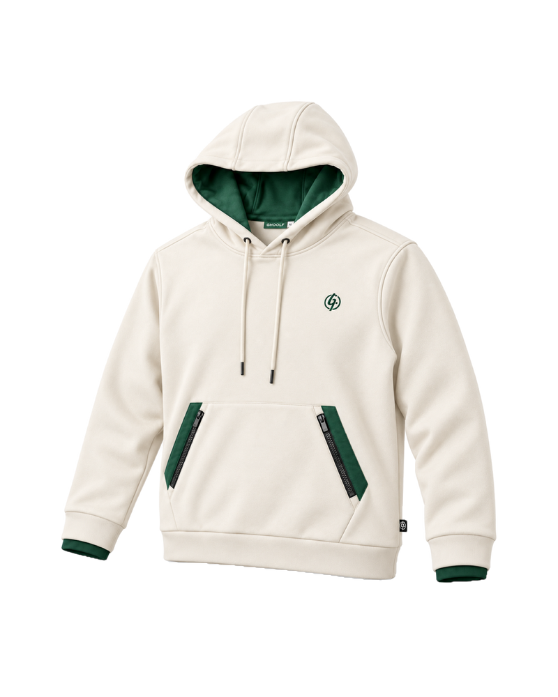 Ivory Ghoolf zip pocket hoodie, three-quarter view, with forest green zip pocket panels