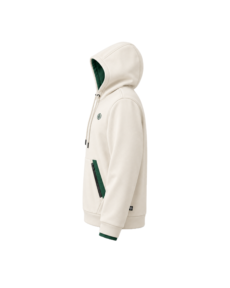 Ivory Ghoolf zip pocket hoodie, side view, with the hood up and a forest green pocket panel