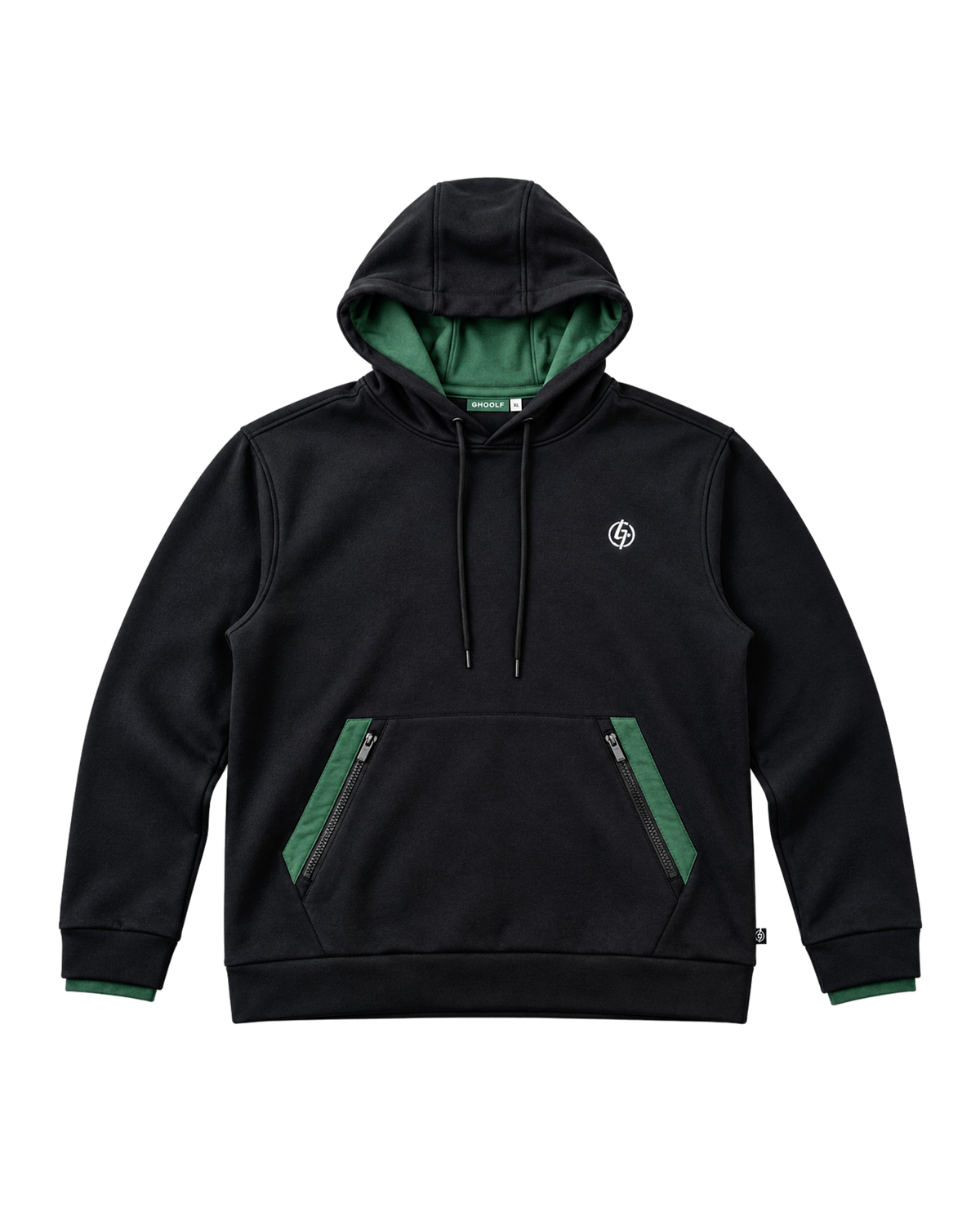 Black Ghoolf zip pocket hoodie, front, with forest green pocket panels and hood lining