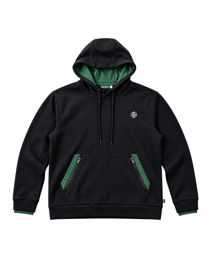 Black Ghoolf zip pocket hoodie, front, with forest green pocket panels and hood lining