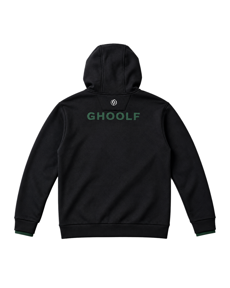 Black Ghoolf zip pocket hoodie, back, with forest green Ghoolf wordmark below the hood