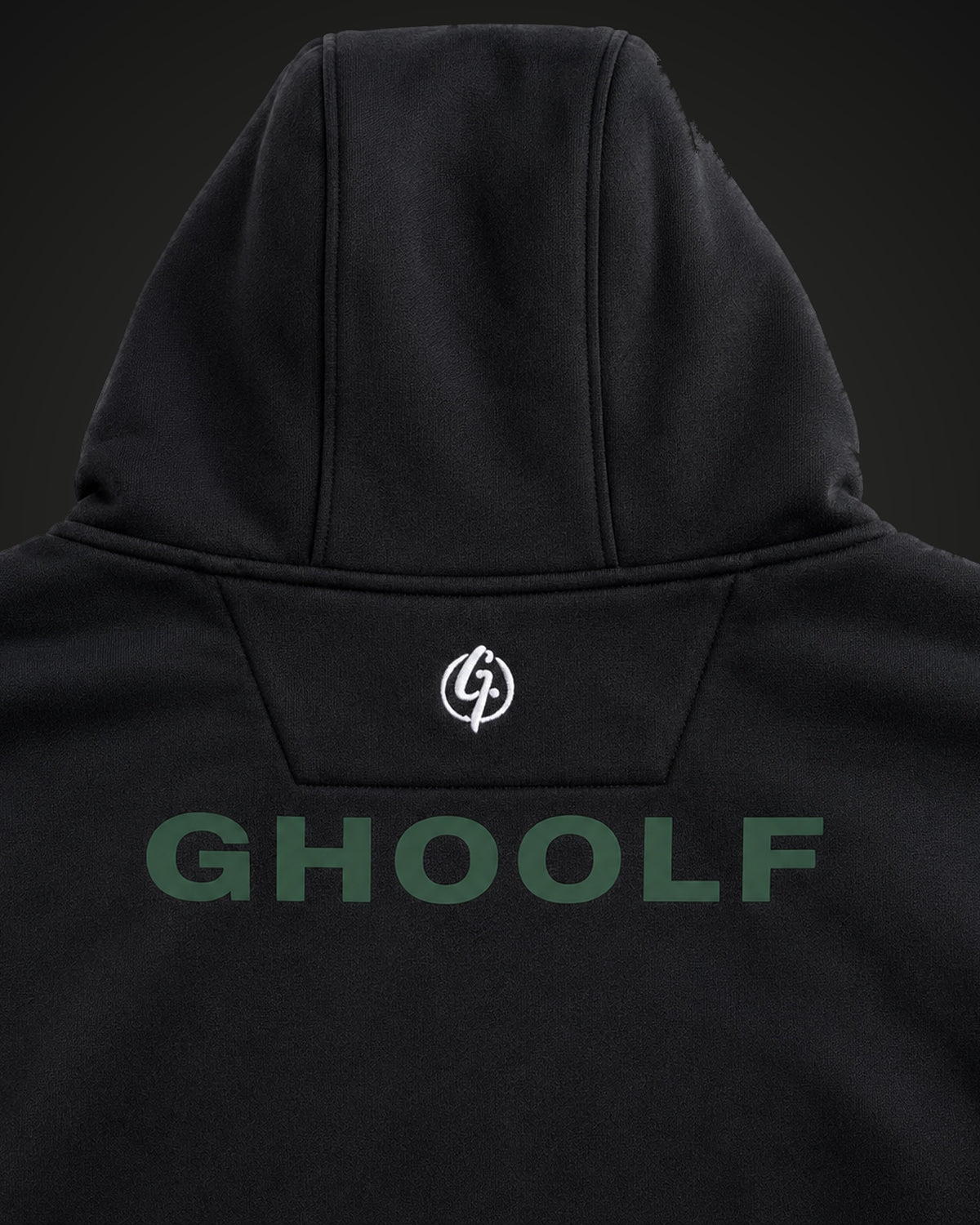 Back of the hood with embroidered signet above the forest green Ghoolf wordmark