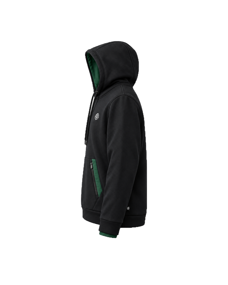 Black Ghoolf zip pocket hoodie, side view, with the hood up and a forest green pocket panel