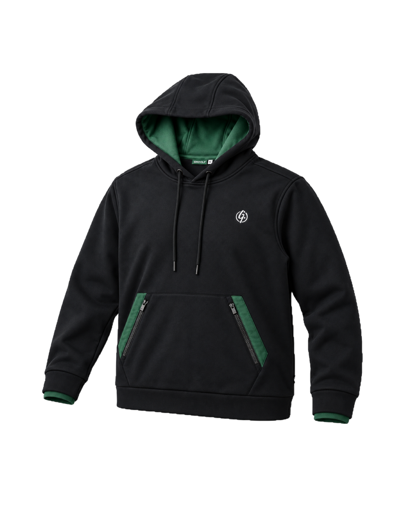 Black Ghoolf zip pocket hoodie, three-quarter view, with forest green zip pocket panels
