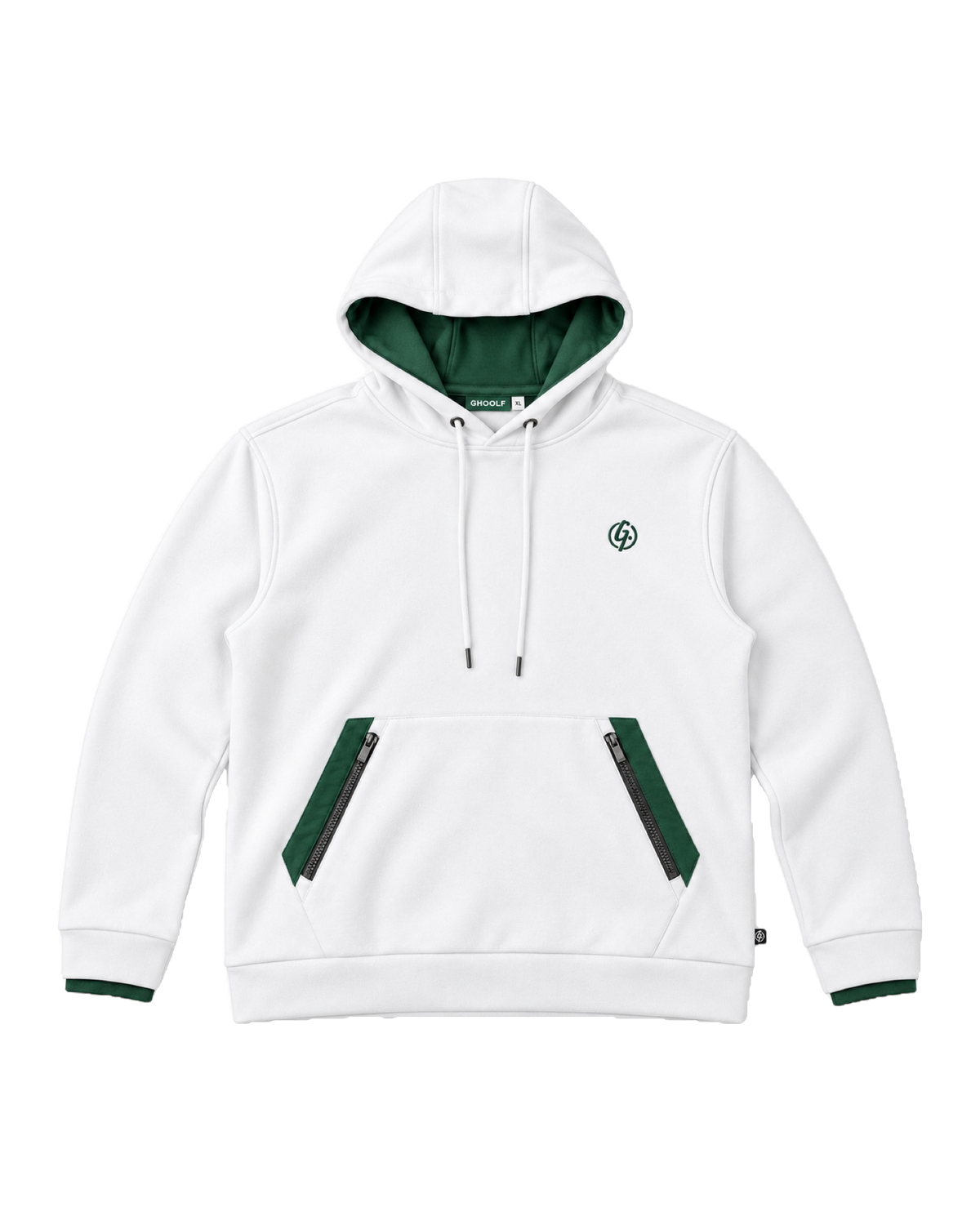 White Ghoolf zip pocket hoodie, front, with forest green pocket panels and hood lining