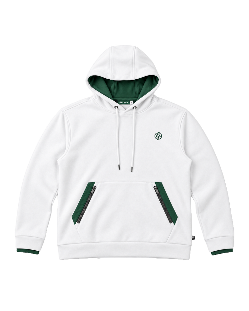 White Ghoolf zip pocket hoodie, front, with forest green pocket panels and hood lining