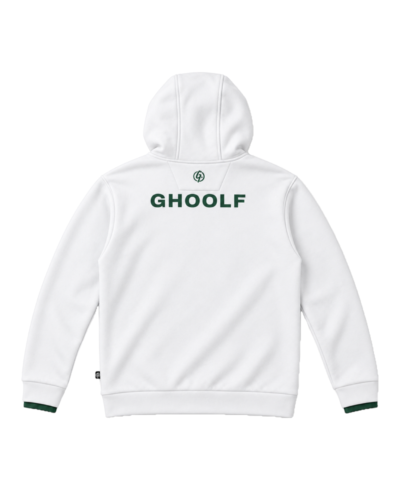 White Ghoolf zip pocket hoodie, back, with forest green Ghoolf wordmark below the hood