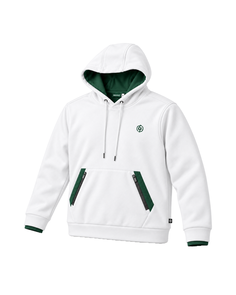 White Ghoolf zip pocket hoodie, three-quarter view, with forest green zip pocket panels