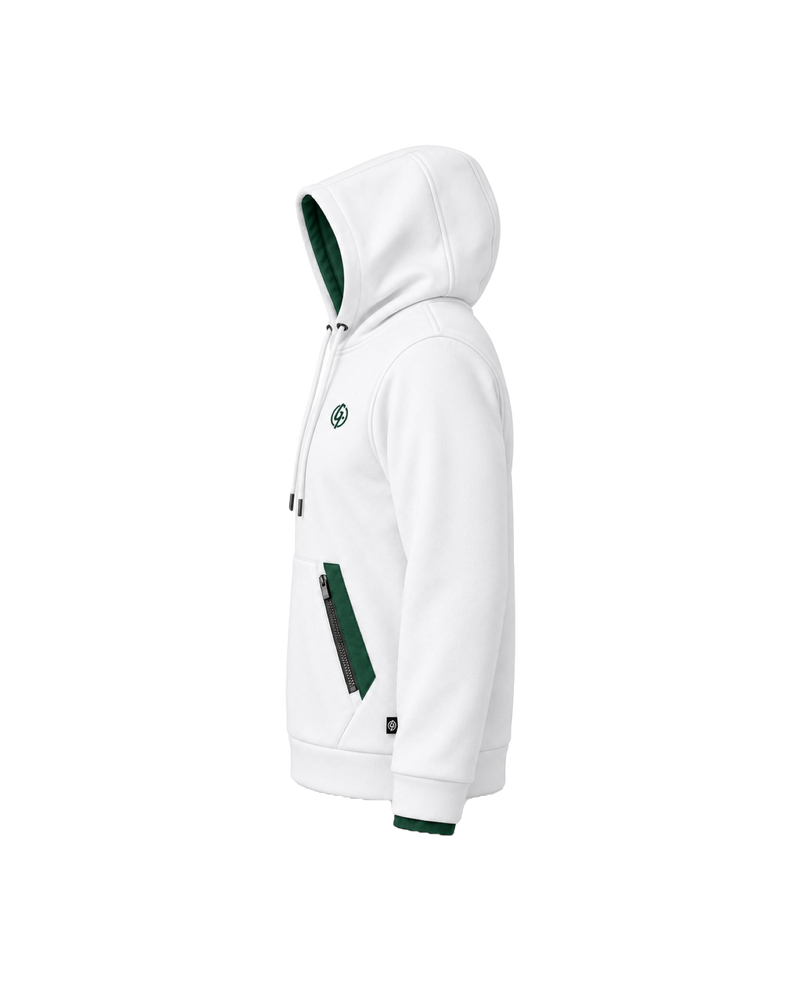 White Ghoolf zip pocket hoodie, side view, with the hood up and a forest green pocket panel